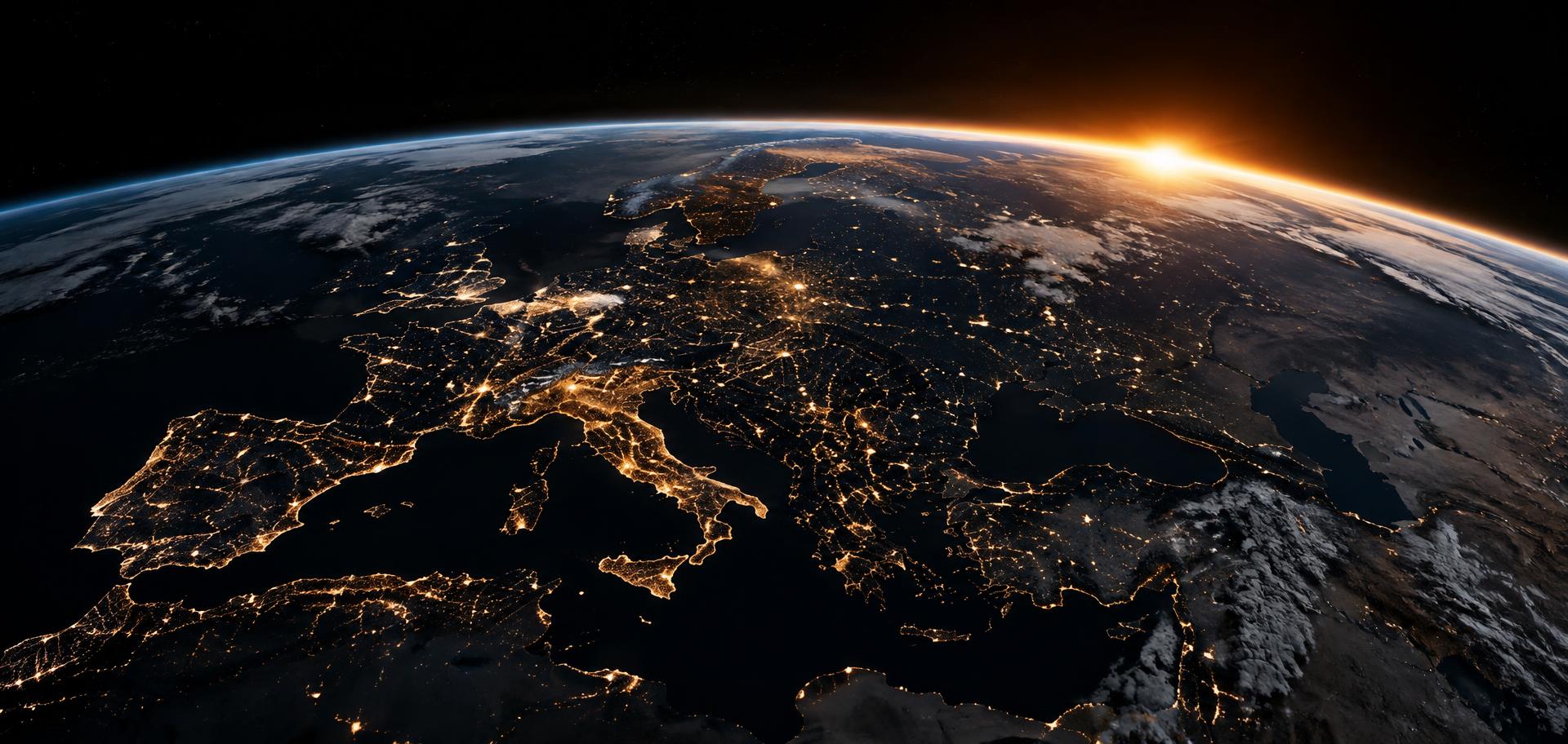 Earth at night seen from orbit with sunrise along the horizon
